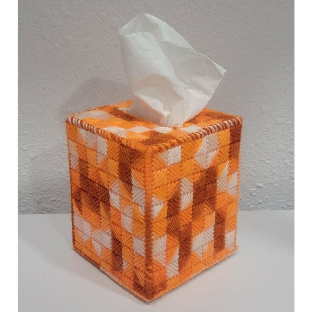 Vintage Handmade Geometric Square Plastic Canvas Knit Tissue Box Holder Cover